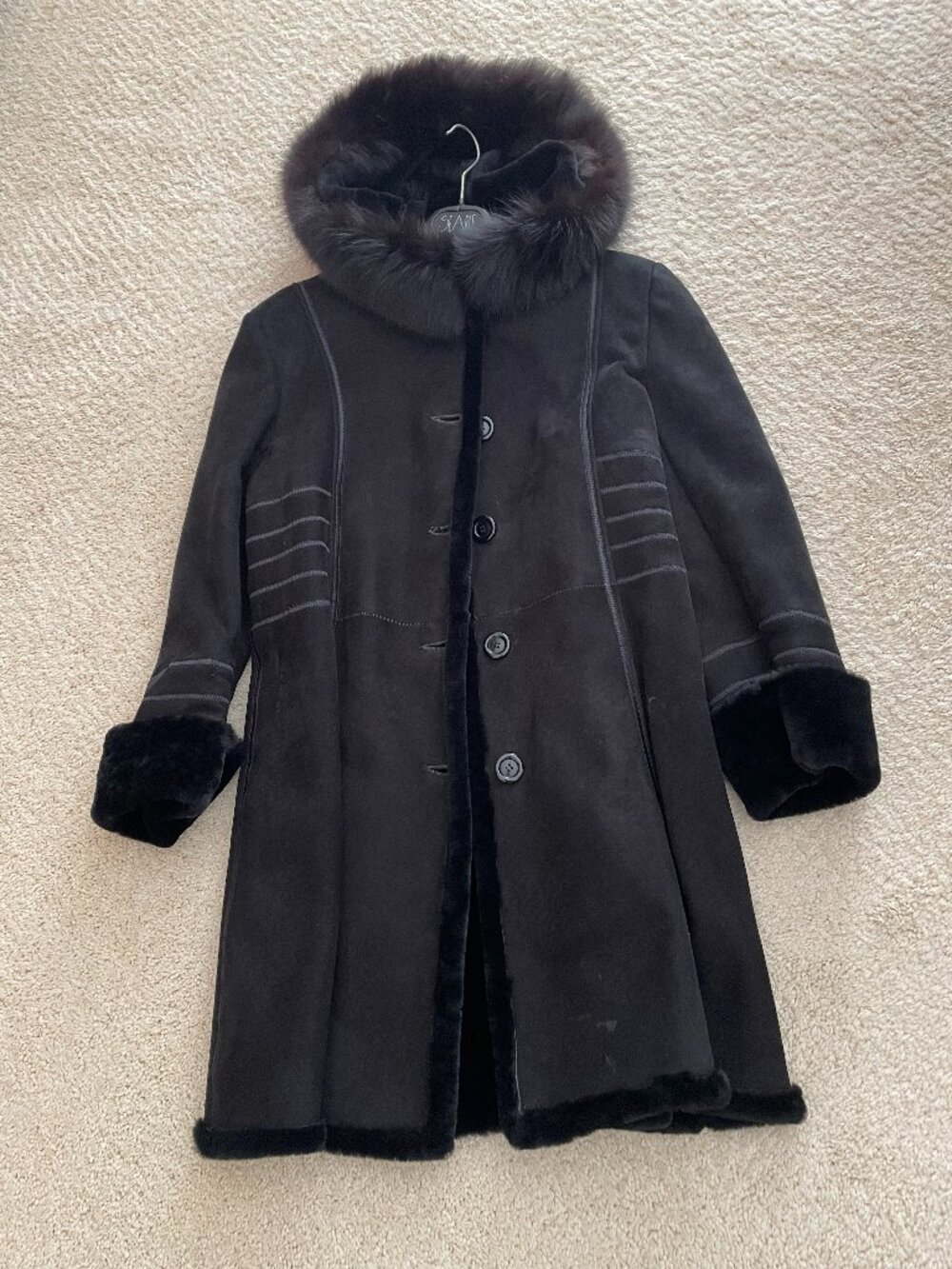 Vintage Searle Women's Black Fur Coat with Hood, Great Condition, Size 8